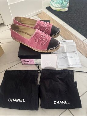Authentic CHANEL Pink Espadrilles with Black Cap Toe and Embroidered CC